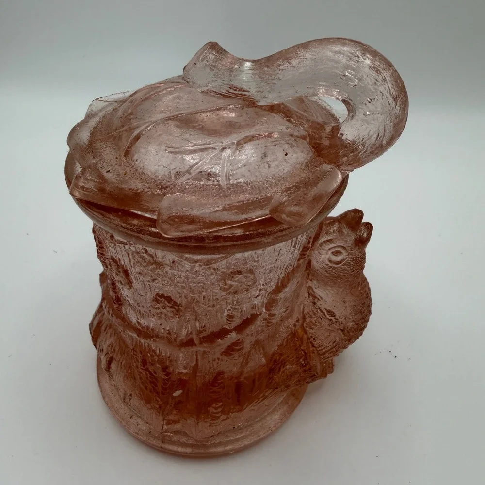Pink‎ Pressed Glass Mustard Jar with Lid Vintage Style Condiment Server